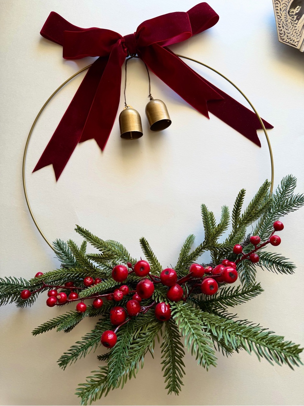 Festive Red Berry & Greenery Holiday Wreath with Velvet Bow